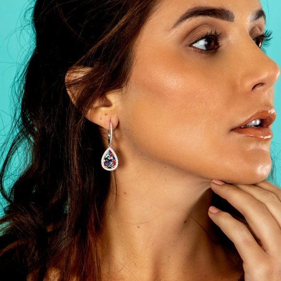 Silver 925 Multi Color Teardrop CZ Earrings - Picture 3 of 3